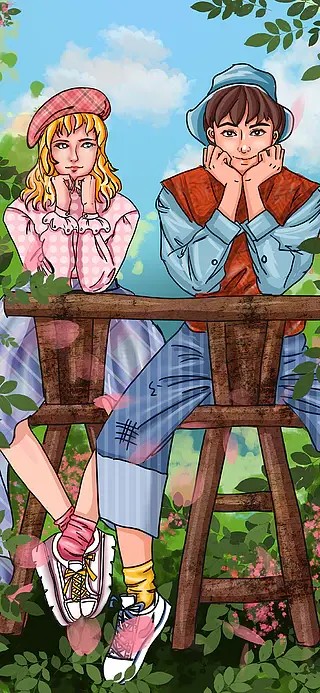 520情人节情侣花园温馨七夕合影爱情插画