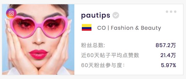 Pautips 哥伦比亚美妆网红博主(数据来源SocialBook.com.cn)