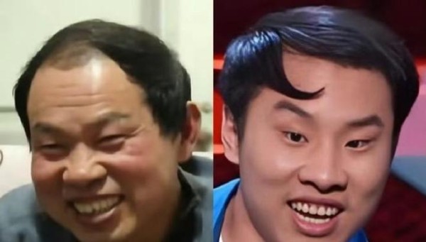 徐志胜两位男性的搞笑对比照片，突出“发型变化”与“表情差异”
