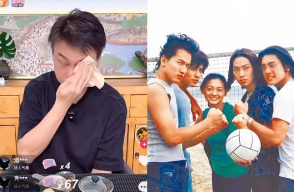 朱孝天言承旭言承旭徐熙媛左图：男主播在直播中流泪，右图：五人户外合影，手持排球，展现团队精神