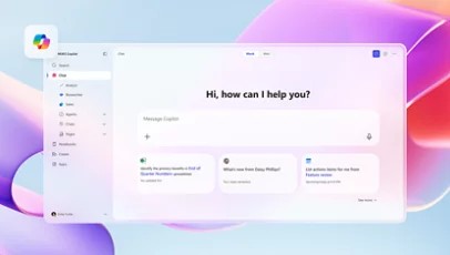 Une interface Copilot affiche : « Bonjour, comment puis-je vous aider ? »