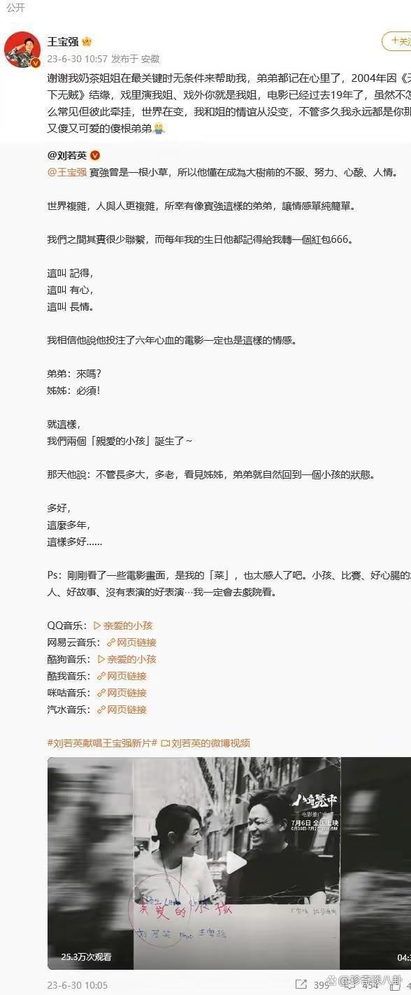 王宝强发文感谢刘若英，戏里戏外帮自己，说刘若英就是他亲姐。