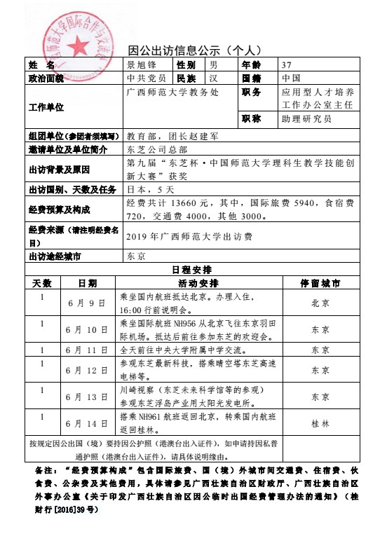 关于景旭锋赴日本带学生交流的公示