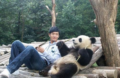 黄晓明花百万领养熊猫 学小熊猫趴地[组图]