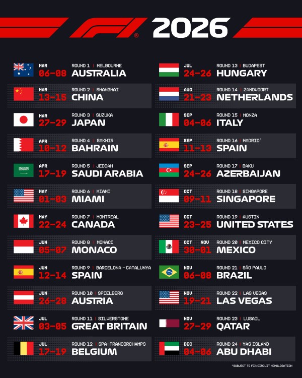 2026 F1 calendar in full: Formula 1 reveals race schedule for 2026 season