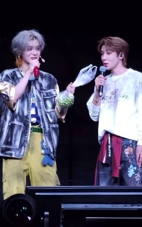 高瀚宇鹿晗两位艺人在舞台上互动， one holding a microphone and the other holding a bouquet and a small green object.