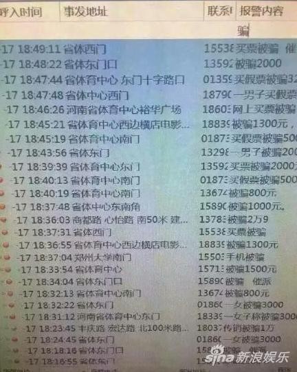 Bigbang郑州场举办期间，网友@王小呆 晒出的郑州接警纪录。