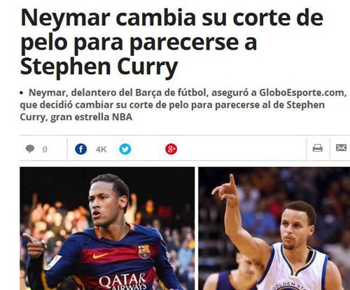 球星也追星：库里爱屋及乌 内马尔头顶上做文章