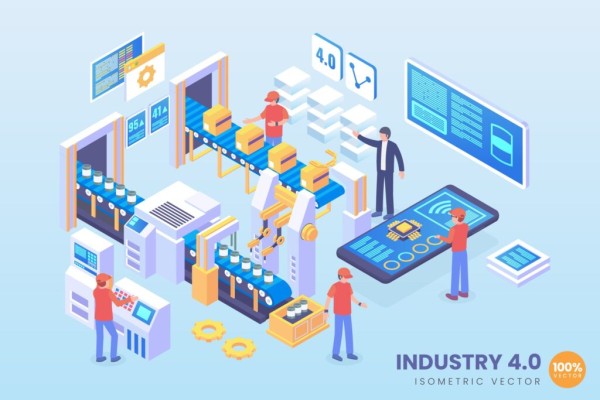 智能物流识别系统2.D创意场景插画Isometric industry 4.0 Vector Concept