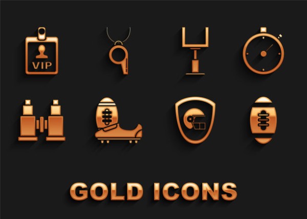 集足球或足球鞋尖刺，秒表，美式足球，头盔和盾牌，双筒望远镜，门柱，VIP徽章和哨子图标。向量图片下载