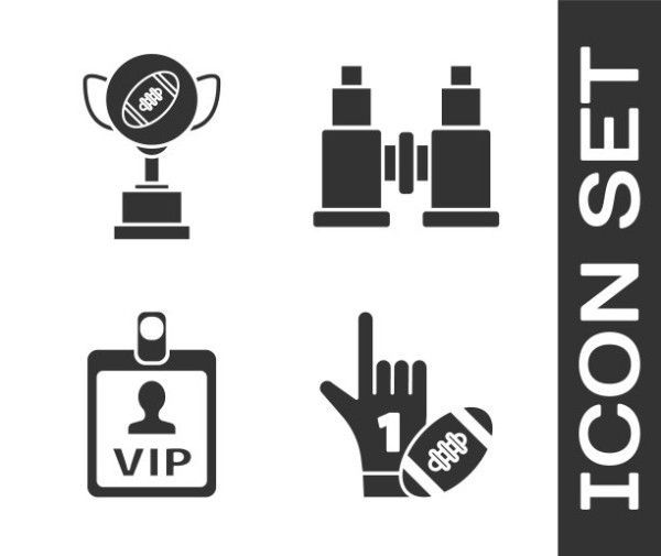 设置1号举起手指的球迷手套和美式足球、奖杯和美式足球、VIP徽章和双筒望远镜图标。向量图片下载