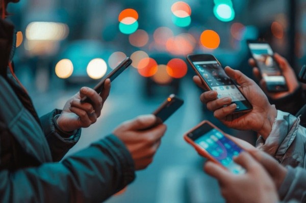 五个人的手上拿着手机浏览UGC相关内容