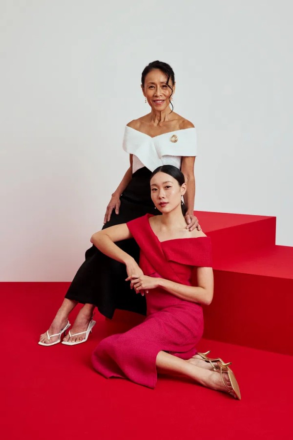 Mother-daughter duo and actors Tan Kheng Hua and Lim Shi-An in Good Addition’s Contrast Off-Shoulder Tweed Dress.