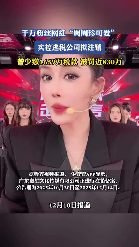 千万粉丝网红周周珍可爱公司逃税被罚830万拟注销