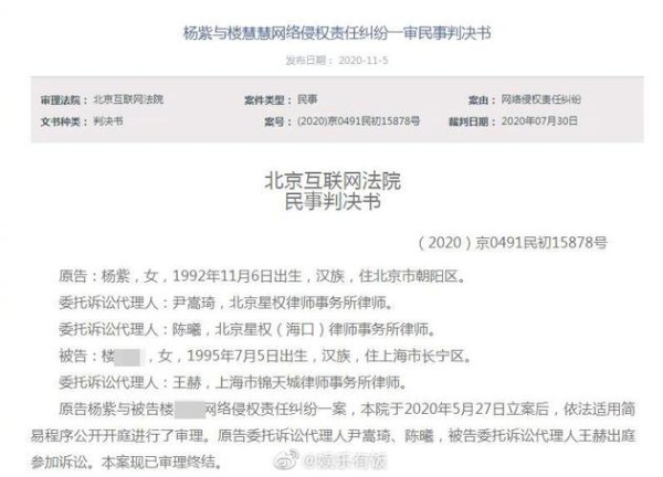 杨紫告黑粉胜诉获赔6.5万 被告自辩是吴亦凡粉丝