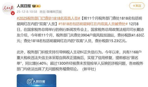 前11月1818名明星网红等“双高”人员被税务部门查处