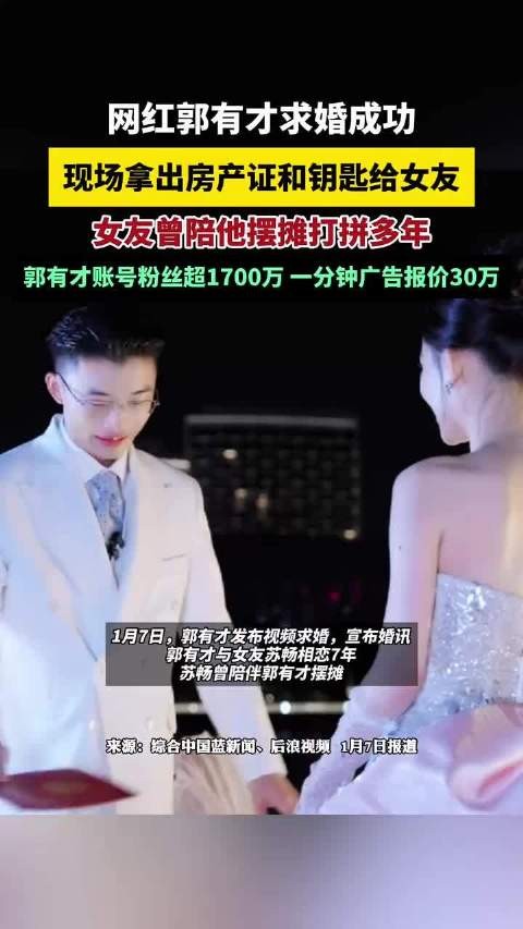 网红郭有才求婚成功赠房产证钥匙，女友曾陪摆摊多年，其账号广告报价30万每分钟