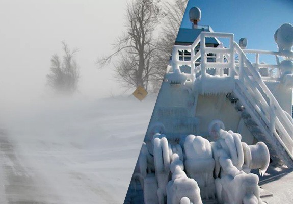 image on left: Blizzard conditions in rural Iowa [Credit: NWS Des Moines/Mahaska County EMA]; image on right: Ice accumulated on NOAA Ship OSCAR DYSON Photo credits: NOAA Office of Marine and Aircraft Operations