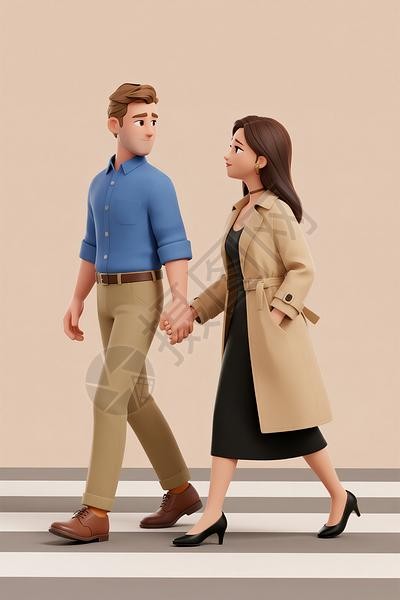 男女牵手走在斑马线上高清图片