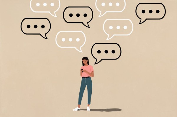 ellipsis text bubbles above young woman group texting with smart phone on brown background