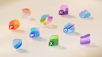 Image shows the logos of Microsoft 365 apps floating