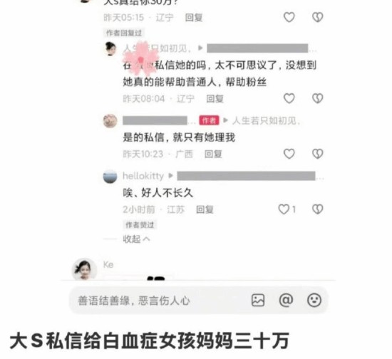 大S曾私信给白血病女孩妈妈30万 当事人:只有大S理我