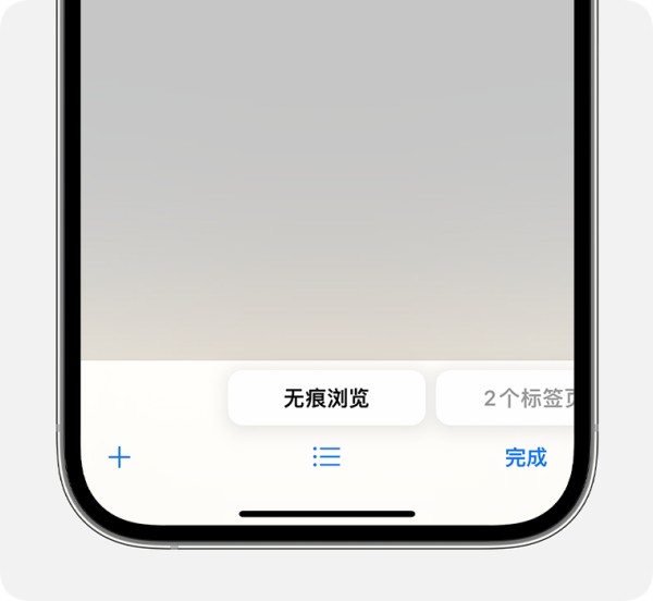 iPhone 显示了 Safari 浏览器 App，其中已选择“无痕浏览”标签页组。