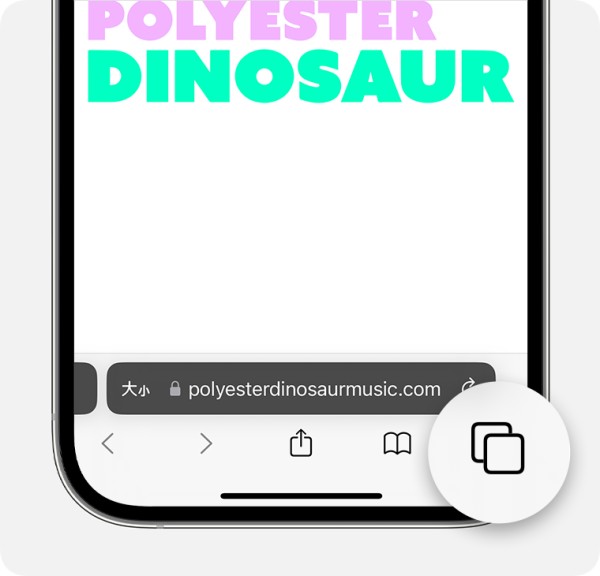 iPhone 显示了 Safari 浏览器 App，其中打开了一个无痕浏览标签页，并放大显示了“标签页”按钮。