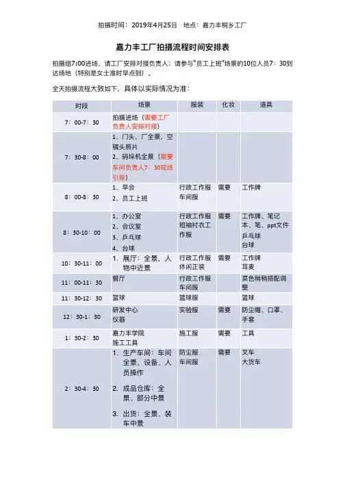 嘉力力丰工厂拍摄流程时间安排表