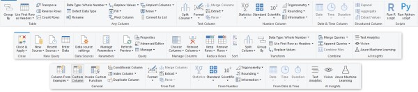 Captura de tela dos comandos de transformação nas guias Transformar, Página Inicial e Adicionar Coluna do editor do Power Query.