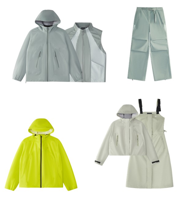 various styles of outerwear including jackets and pants