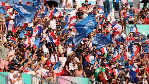 Fans of Team France show their support during the Women's Boulder & Lead, Final Boulder at the Olympic Games Paris 2024 at Le Bourget Sport Climbing Venue