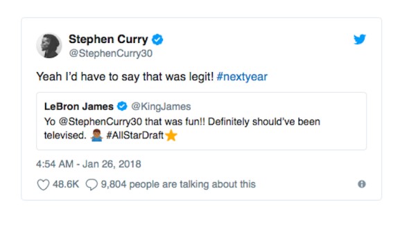 詹姆斯和库里推特喊话希望选人进行直播。