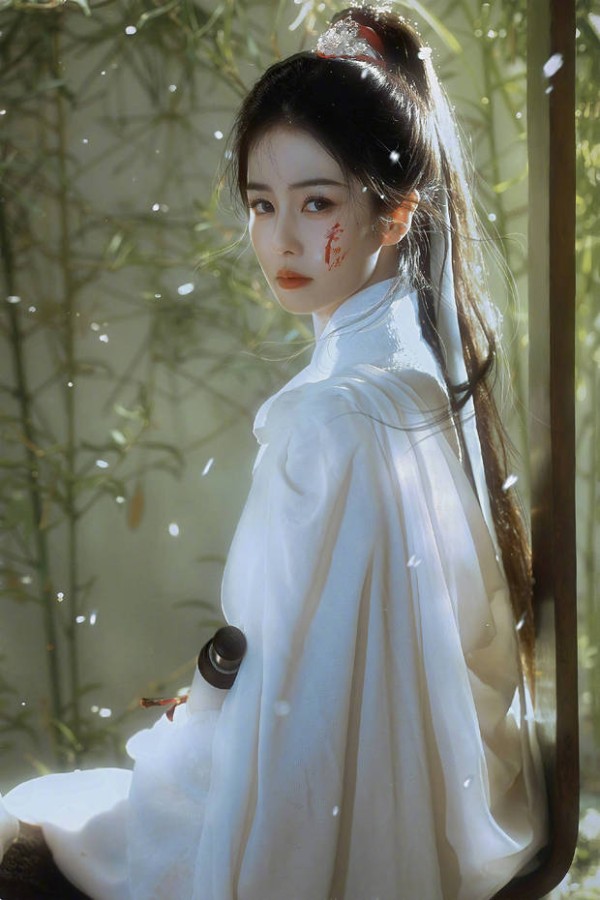 白鹿在竹林飞雪中回眸，清冷决绝。