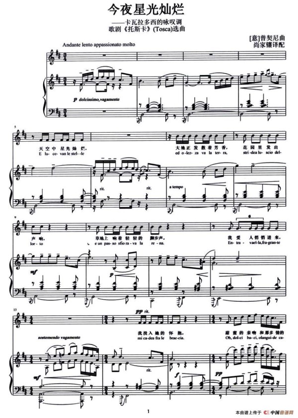今夜星光灿烂 （歌剧《托斯卡》选曲、正谱）