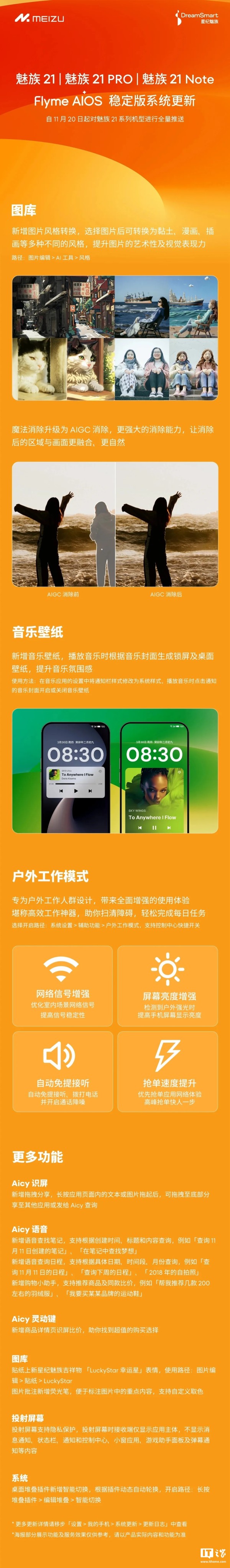 魅族 21 系列手机获推 Flyme 11.2.0.0A 更新：新增图片风格转换、音乐壁纸、户外工作模式