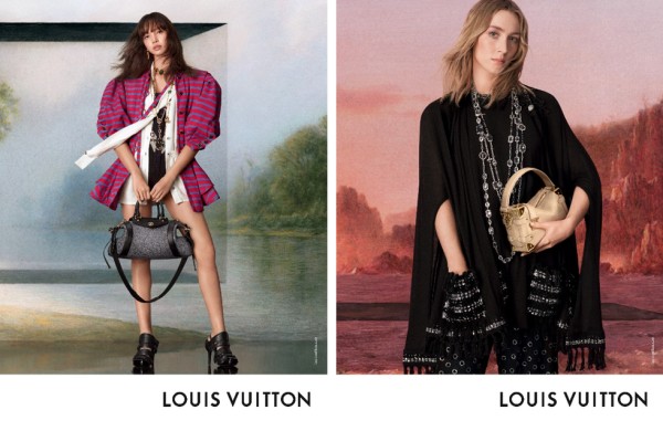 fashion advertisement showcasing louis vuitton bags and stylish outfits