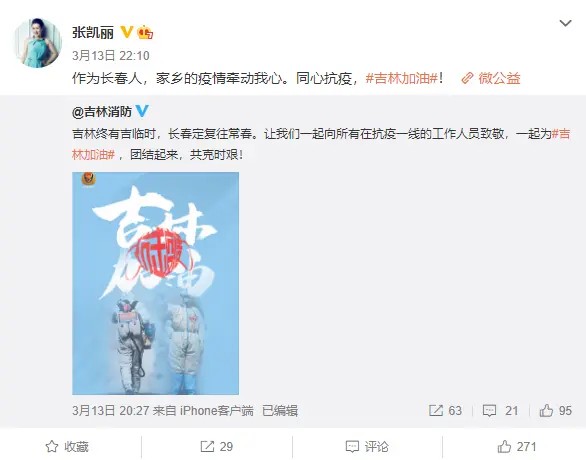 长春籍演员张凯丽向吉林省捐款100万 为家乡抗疫加油