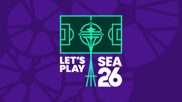 A graphic of a soccer field with Seattle’s Space Needle at the center. Text reads "LET'S PLAY SEA 26" on a purple background with subtle abstract designs.