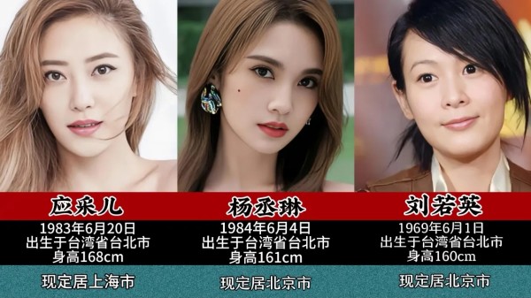 岁钧在探：定居大陆的十位明星：
1.应采儿：1983年6月20日出生于台湾省台北市，身高168cm，祖籍山东。华语影视女演员、主持人，代表作《赵氏孤儿案》。现定居上海市。
2.杨丞琳：1984年6月4日出生于台湾省台北市，身高161cm，祖籍广西合浦县，台湾女歌手、演员、主持人。代表作《流星花园》。现定居北京市。
3. 刘若英：1969年6月1日出生于台湾省台北市，身高160cm，祖籍湖南醴陵，台...