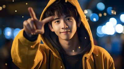 星星艺术团风格的年轻男子穿着黄蓝色帽衫做人指手势摄影图片