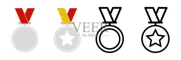 四种不同的奖章和奖杯图标。明星奖章为第一名,获奖者和奖项图标。插画图片素材