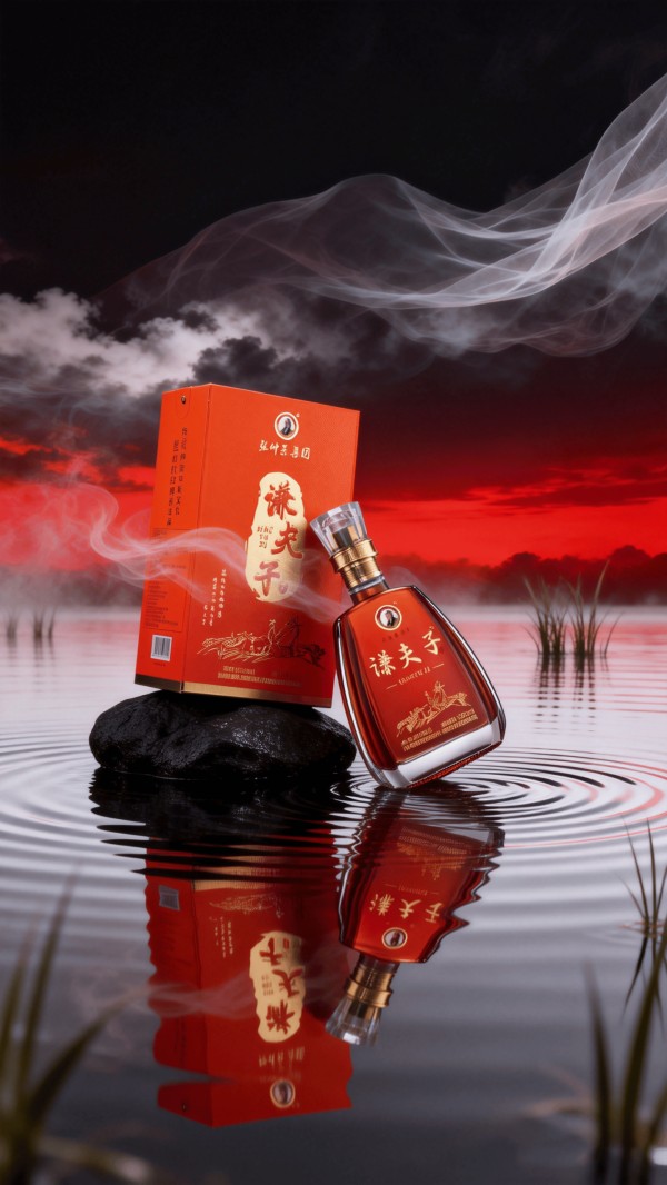 jimeng-2026-01-05-8944-酒水场景商业拍摄，新中式风格，这个酒，超广角镜头，水面，反射，唯美，背景黑红渐变...._0.png