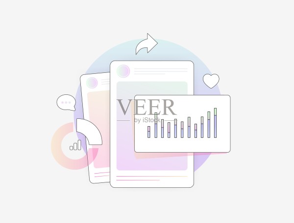 社交媒体分析帖文表现报告，清晰展示用户参与度数据和社交媒体营销网红活动效果，结构化的社交媒体分析仪表板插画插画图片素材