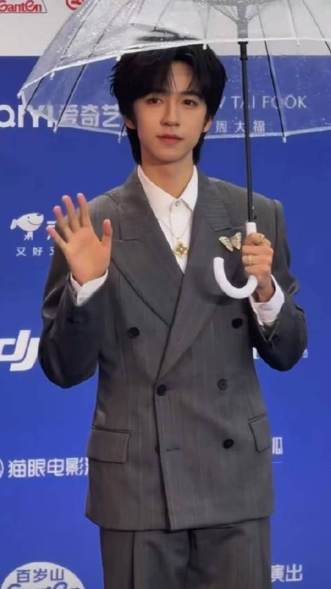 贺峻霖北影节红毯直拍 灰色西装蝴蝶胸针