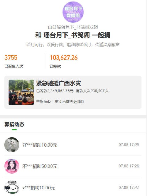 陈瑶张月粉丝向广西捐款超10万