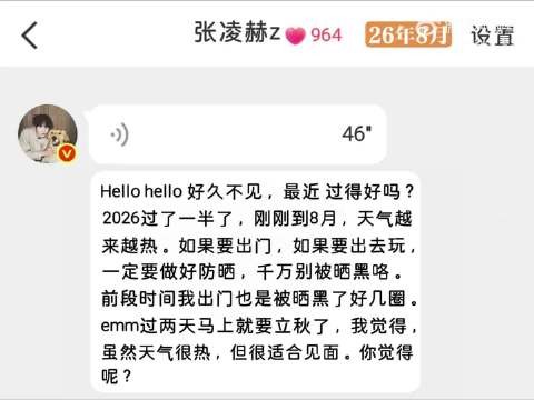 张凌赫46秒语音自动回复，提醒防晒与多多见面