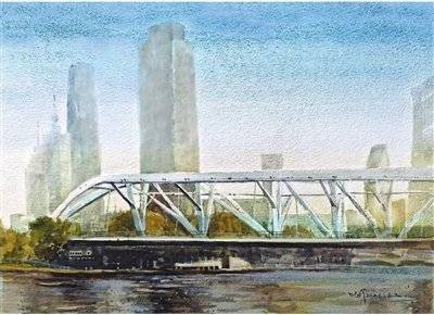 蓬勃奔驰进步桥（水彩画）